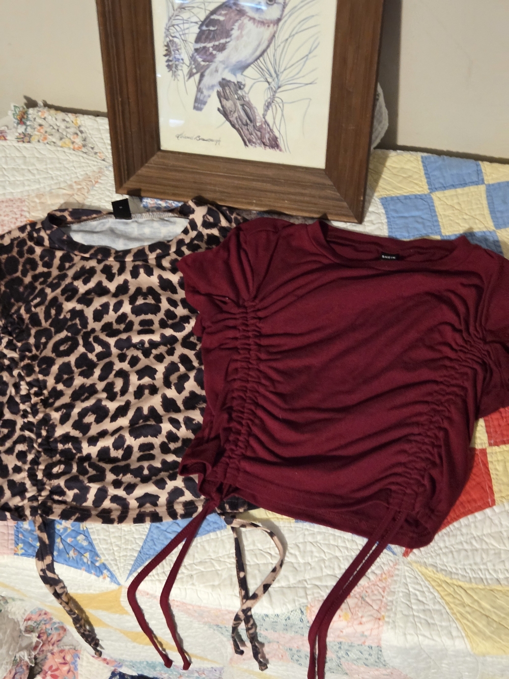 SHEIN Burgundy Ruched Side Tie Top & Leopard Print 2 Tops Small